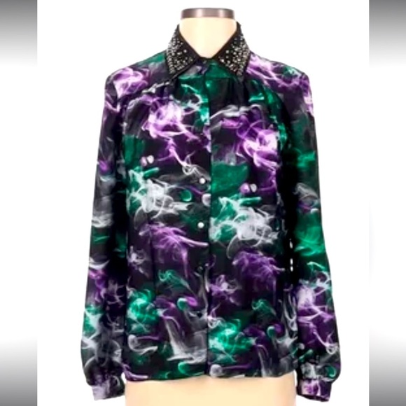 Ellen Tracy smoke silk button up with studded collar designer winter beaded boho - Picture 1 of 4